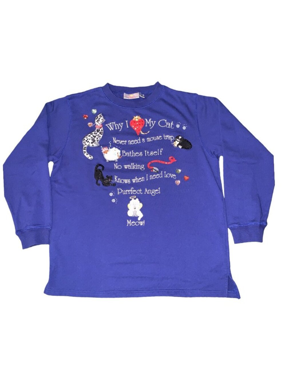 VTG Quacker Factory Why I ❤️My Cat Medium Blue Sweatshirt Cat Themed Embroidered